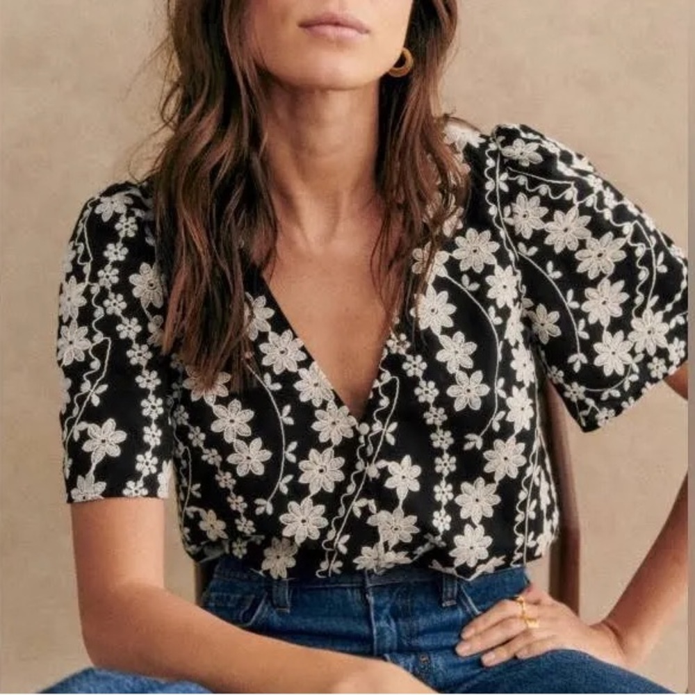 Sezane Emma Embroidered Noir Ecru Blouse 34